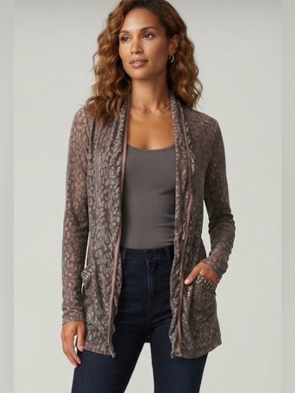 “Velvet”by Graham&SpencerSheer Leopard-Print Open CardiganW/2 Pockets Blue&Brwn